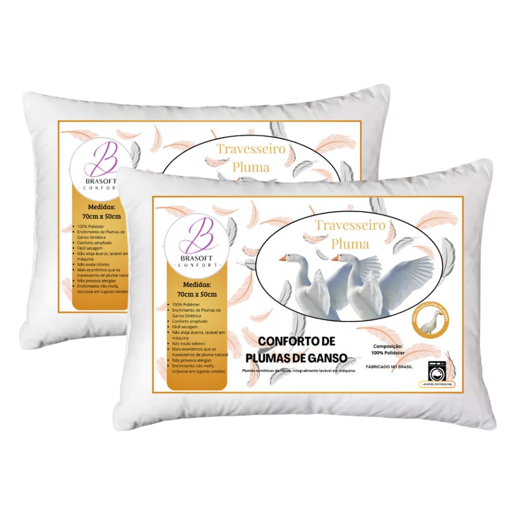 Kit 2 Travesseiro Pluma de Ganso Sintetico Descanso Antiacaro BraSoft 70x50cm