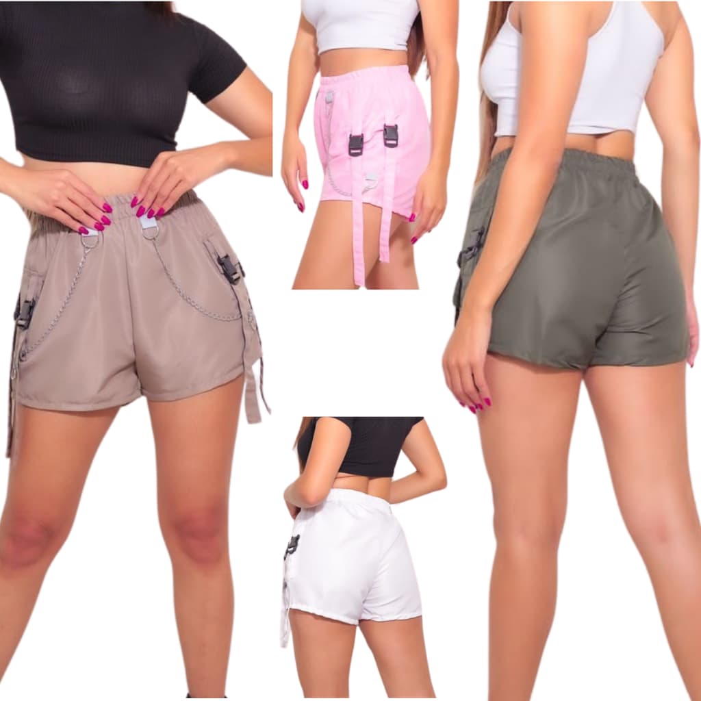 SHORT TÁCTEL COM CORRENTES E TIRAS - short táctel, moda praia 2025, detalhes em corrente, tiras decorativas