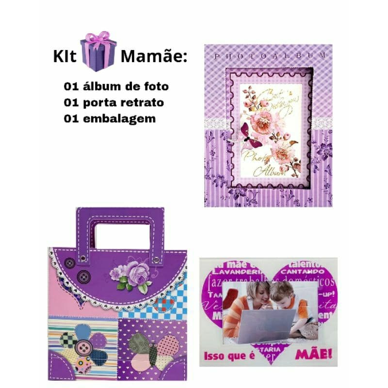 Kit 03 peças pra mamãe com álbum de foto, porta retrato e embalagem de presente.