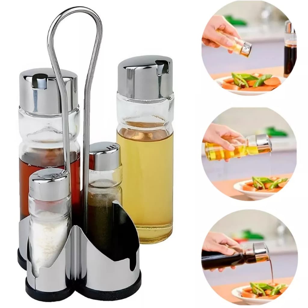 Galheteiro Porta Azeite Vinagre Saleiro Paliteiro Vidro Inox 5 Peças