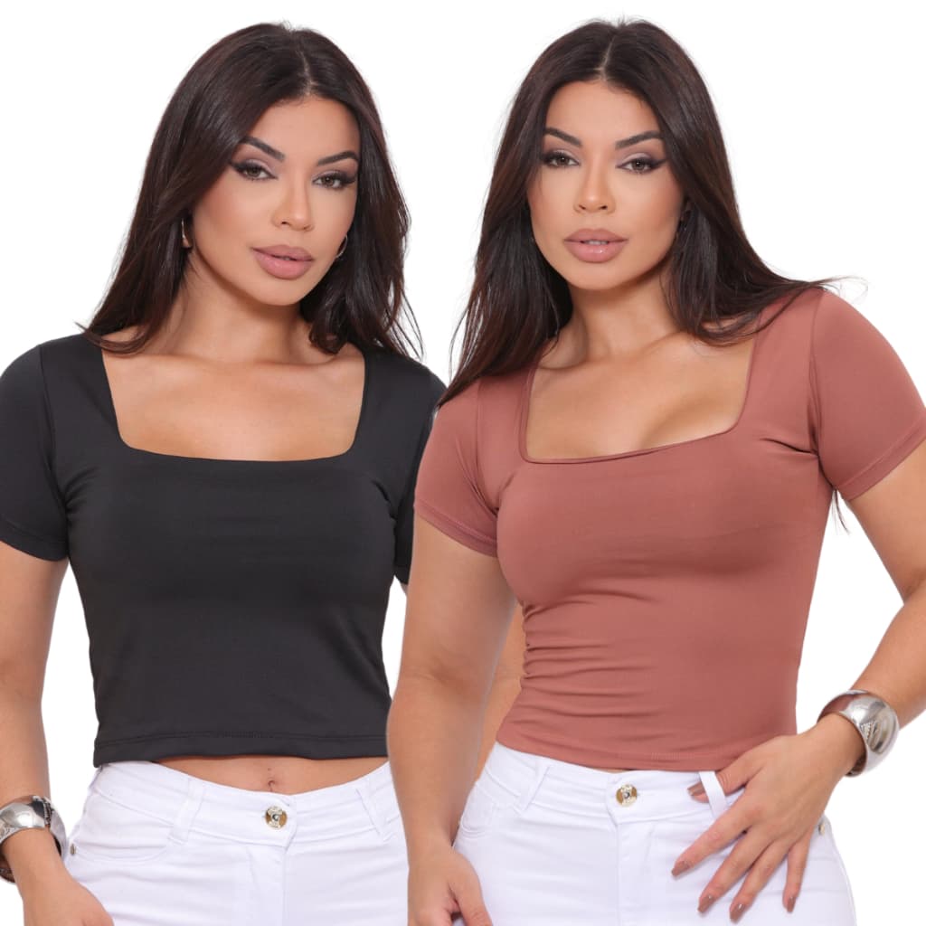 Kit 2 Blusas Cropped Suplex Básico Liso Manga Curta Decote Quadrado Forrada Cores Variadas