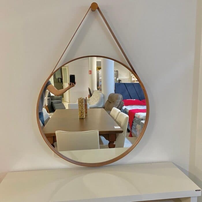 Espelho Redondo 43cm com Alça em Couro Aqua+ Bronze