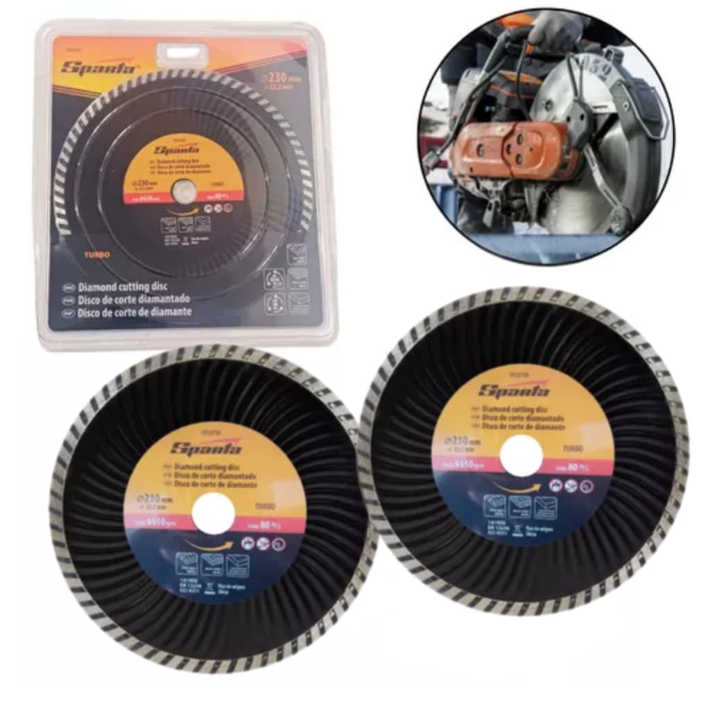 2 Disco de Corte Turbo Diamantado 230x22,2mm para Corte Seco  Alta Durabilidade Sparta para Cortes