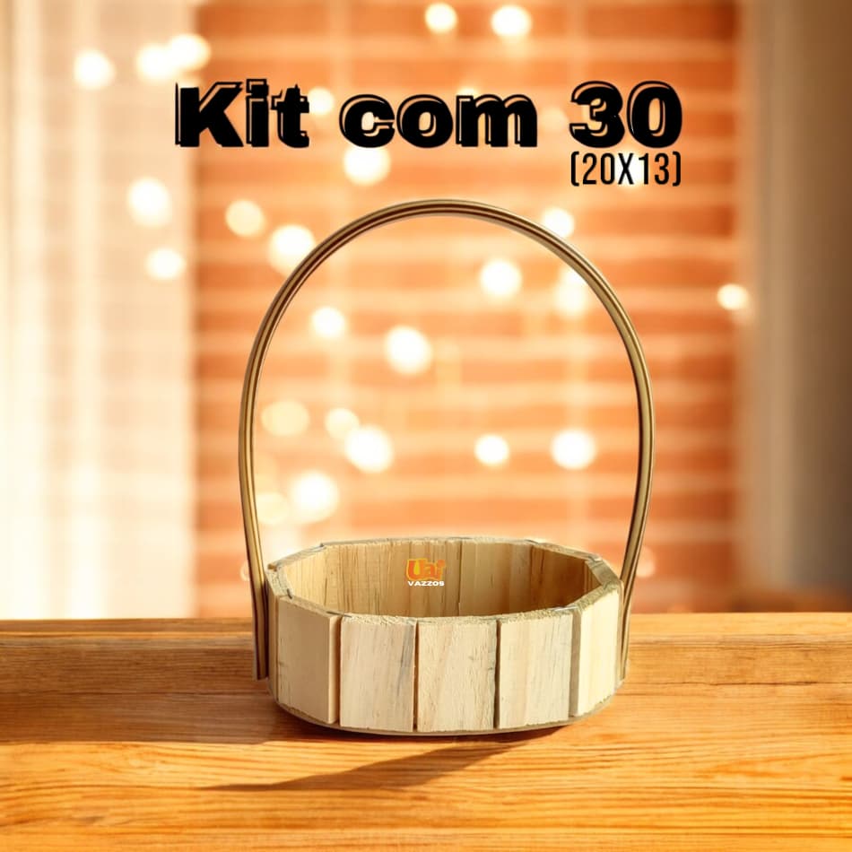 Kit C/30 Cestas Madeira Alça Premium Oval (20x13 Cm) Decoração, Armazenamento, Presente