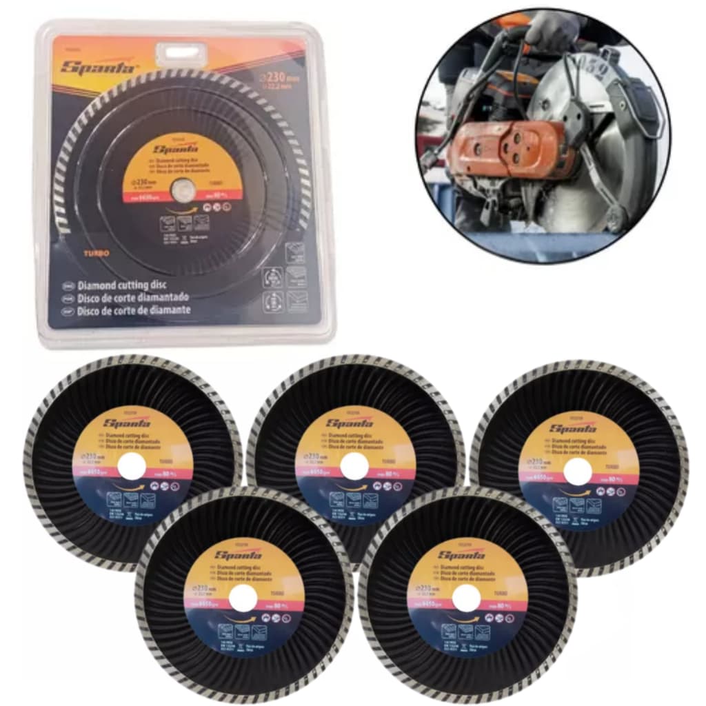 5 Disco de Corte Turbo Diamantado 230 x 22,2mm para Corte Seco Alta Durabilidade Sparta para Cortes