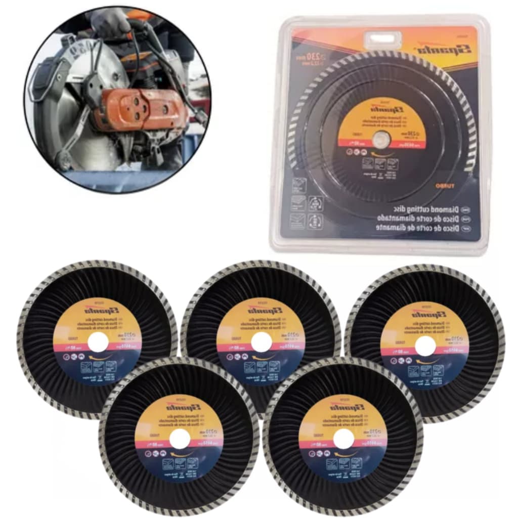 Kit 5 Disco de Corte Turbo Diamantado 230x22,2mm para Corte Seco Alta Durabilidade Sparta