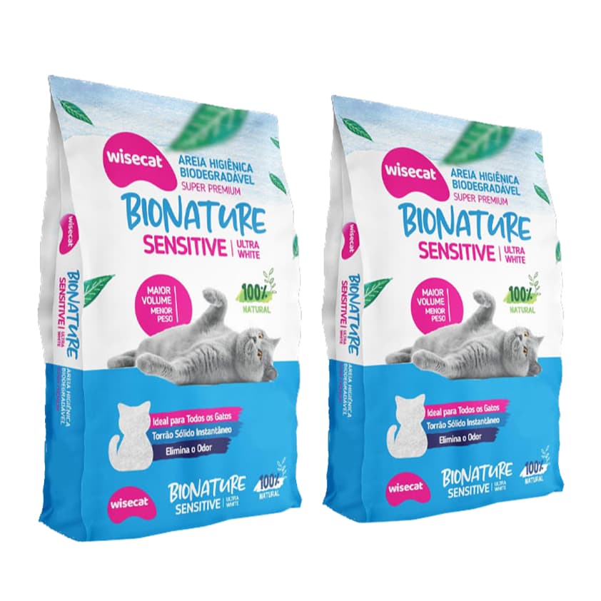 Kit 2 Areia Biodegradável para Gatos Bionature Sensitive Wisecat 2 KG Grãos Finos