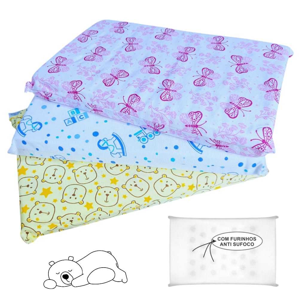 Travesseiro Anti-Sufocante para Bebê Estampado Menina Menino 100% Algodão
