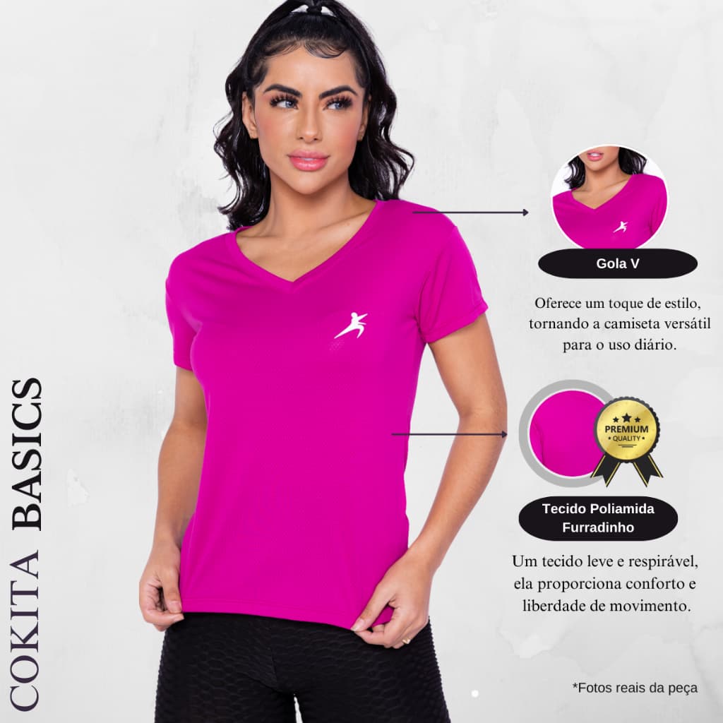 Camiseta Blusa dry Fit Feminina Gola V Poliamida Academia Treinos Corrida Fitness Moda Blogueira