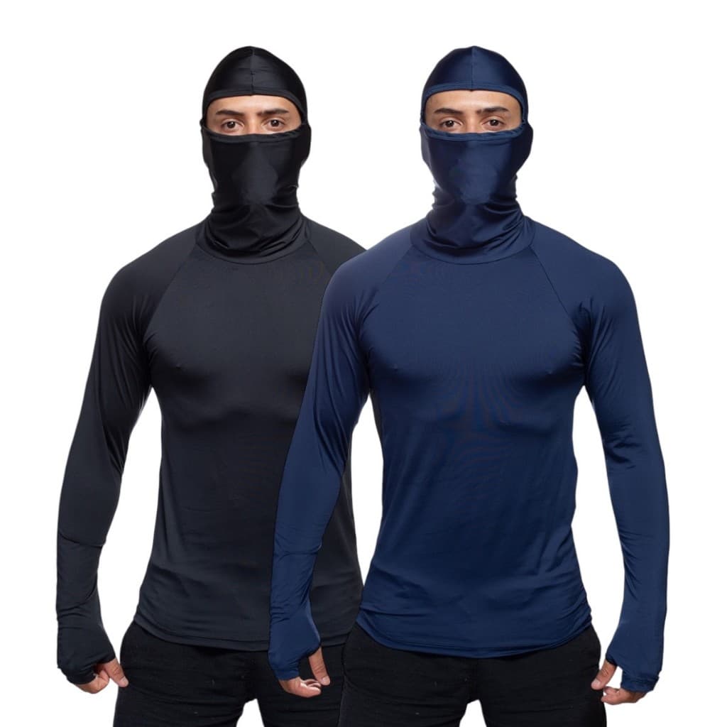 Kit 2 Camiseta Touca Ninja Segunda Pele Motoqueiro Ciclista Entregador Anti Frio Térmica Proteção Solar uv50+