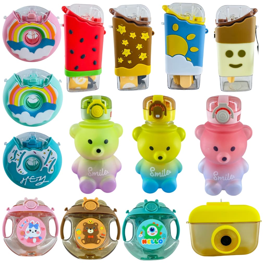 Kit 5 Garrafas Criativas: LED que pisca, Ursinho, Donuts, Picolé e Câmera com adesivos – Envio super rápido em 24h úteis