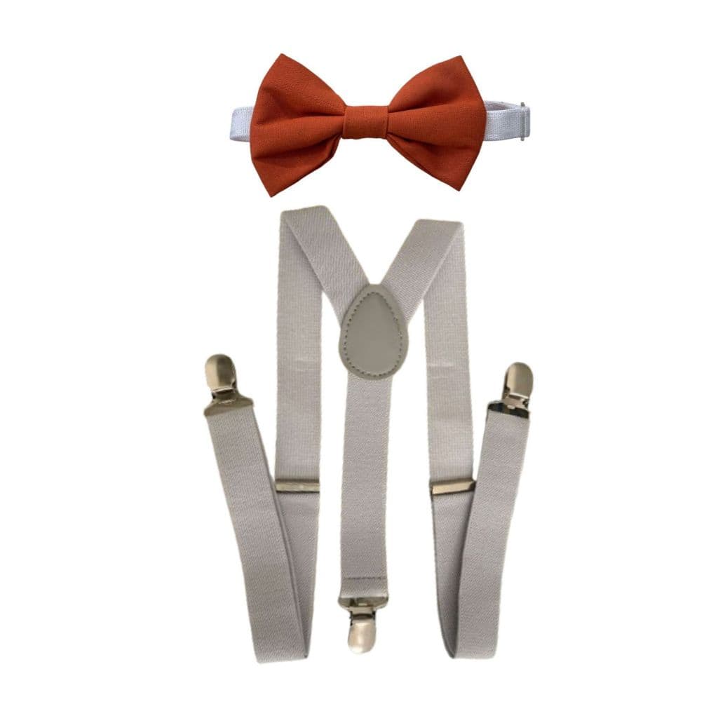 Kit Suspensório Cinza Claro com Gravata Borboleta Terracota Infantil para Pajens de Casamento