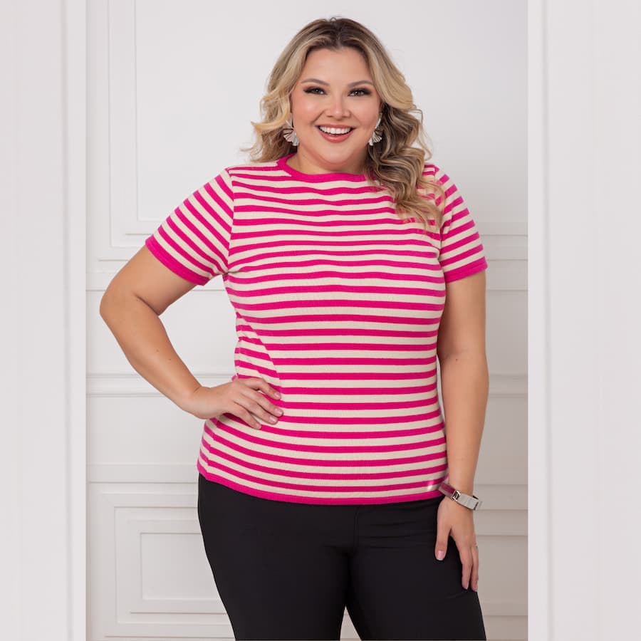 Camiseta Plussize Feminina Listrada Premium Tricô Modal Manga Curta Alta Qualidade