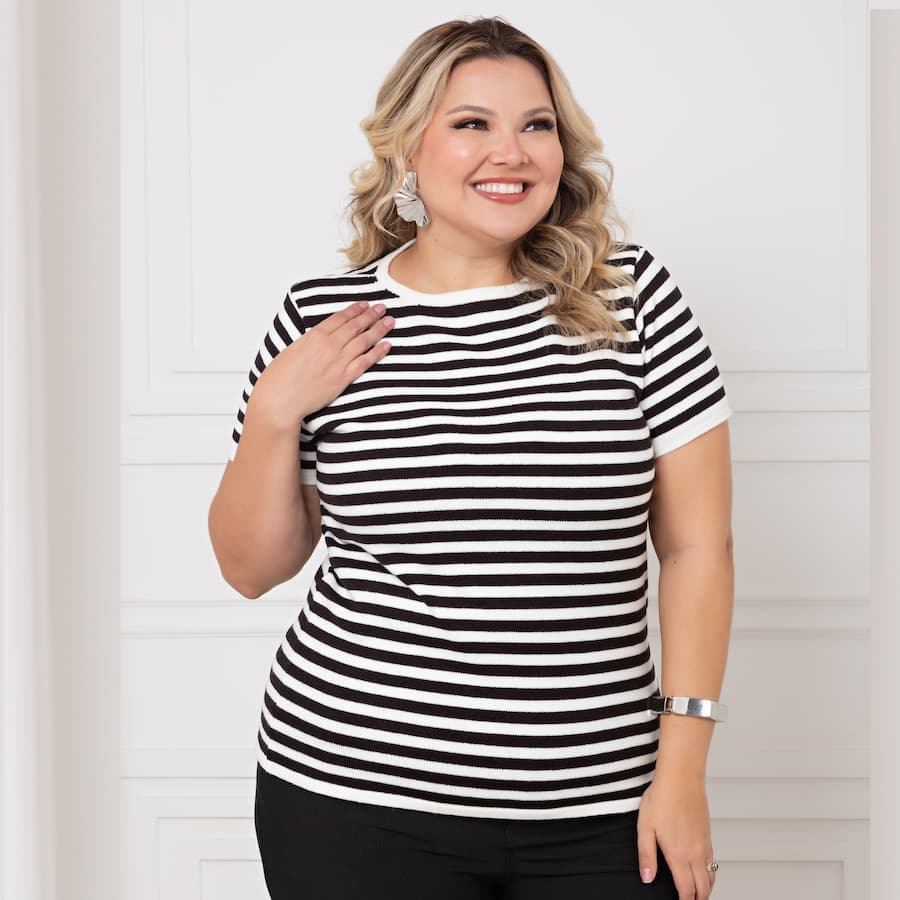 Camiseta Plussize Feminina Listrada Premium Tricô Modal Manga Curta Alta Qualidade