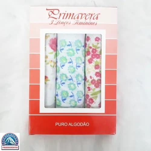 Lenços de Bolso Femininos Presidente Primavera com 3 unidades - Puro Algodão- Sortidos