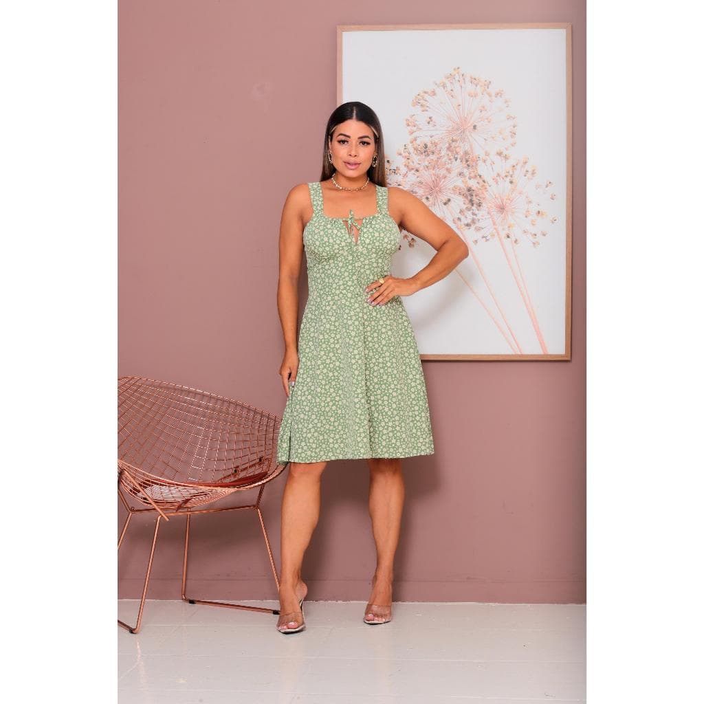 Vestido Feminino Cor Verde Curto Camponesa Alcinha Midi Romantico com Bojo e Forro - Moda Casual