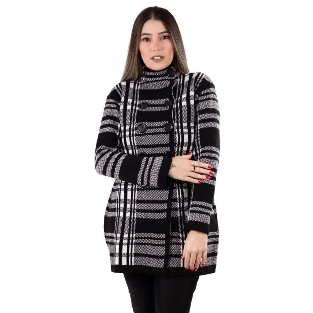 Sobretudo Xadez Feminino Com Botões Tricot