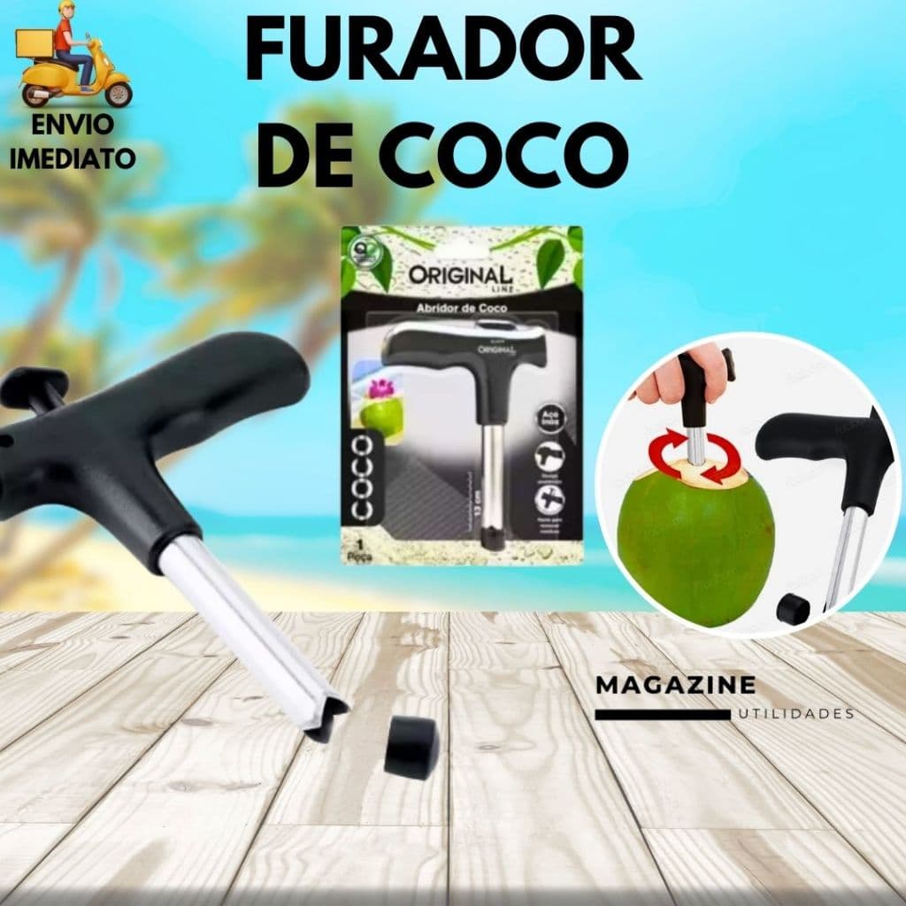 Furador E Abridor De Coco Em Aço Inox Manual Pratico Fácil Haste Removível 12cm