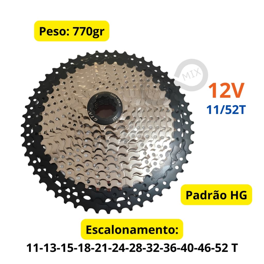 Cassete K7 12 Velocidades 11/52 dentes Gta Start Index Niquelado Freehub Padrão HG Leve