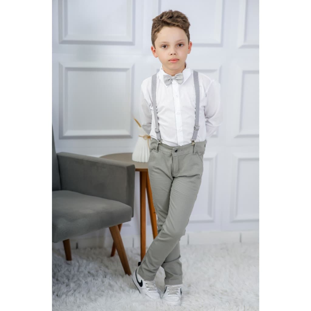 Calça Cinza Camisa Longa Branca Suspensório Gravata Batizado Pajem Casamento Formatura Infantil