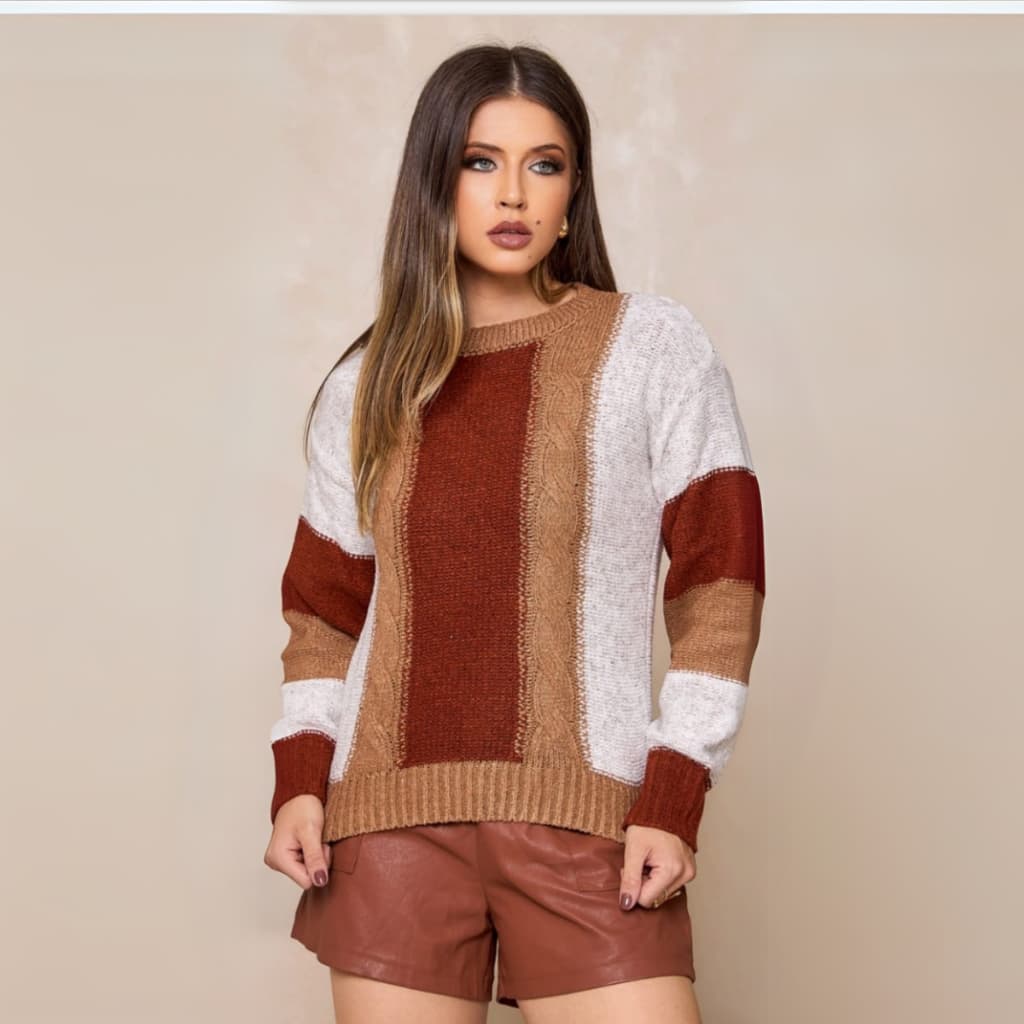 Blusa Inverno Feminina Tricô Mousse Três Tons  de Inverno Manga Longa