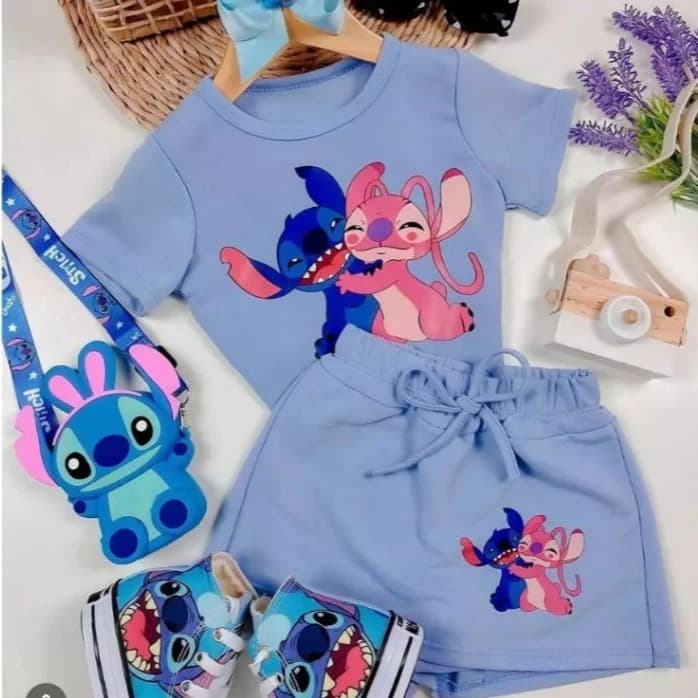 Conjunto Moda Infantil Stitch Menina Blusa + Short Saia 4-14