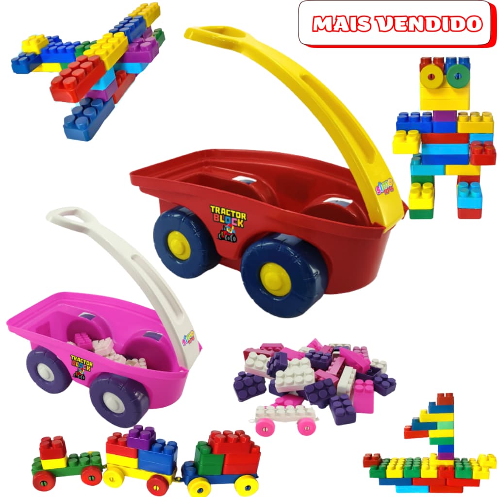 Carrinho de Blocos 50 Peças + Alça para Puxar – Brinquedo Educativo Infantil Menina Menino