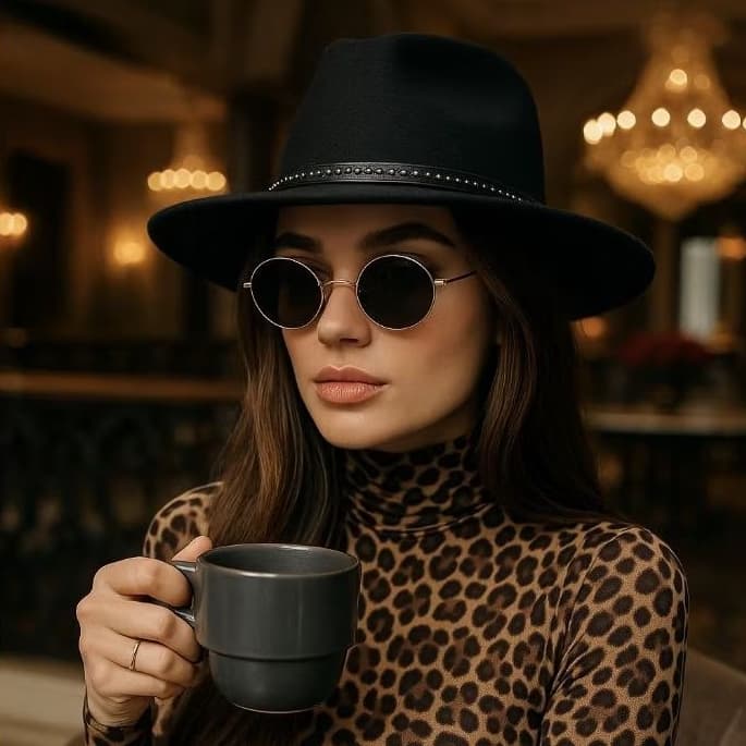 Chapéu Fedora Preto de Feltro com Bandinha Faixa de Couro Personalizada com Apliques Prateados de Bolinha Unissex