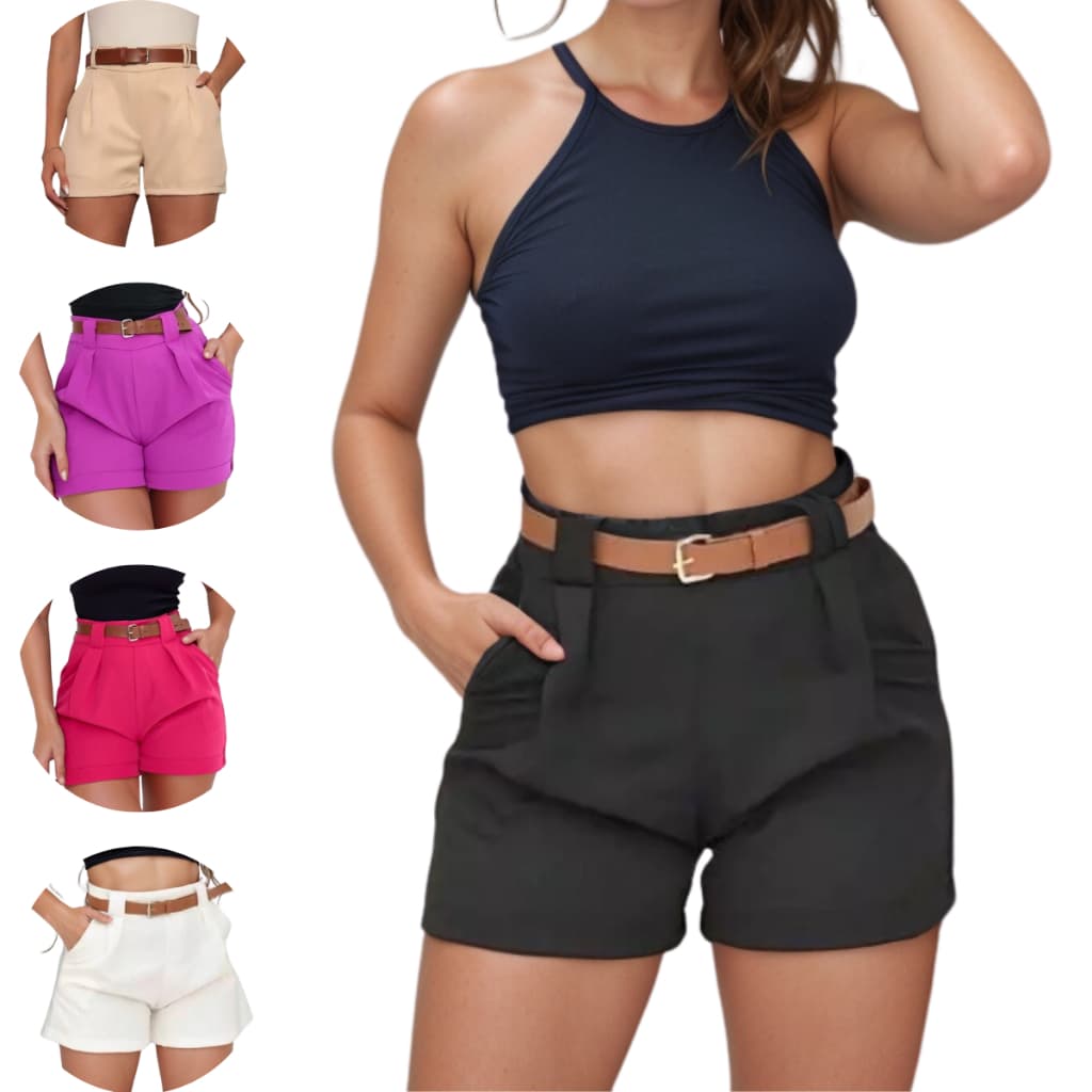 Shorts Feminino Alfaiataria Social com Cinto Cintura Alta 2025