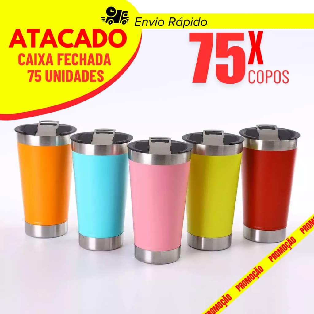 Kit 75 Copo Térmico 473ml Com Tampa e Abridor Copo Inox Atacado Premium Caixa Fechada