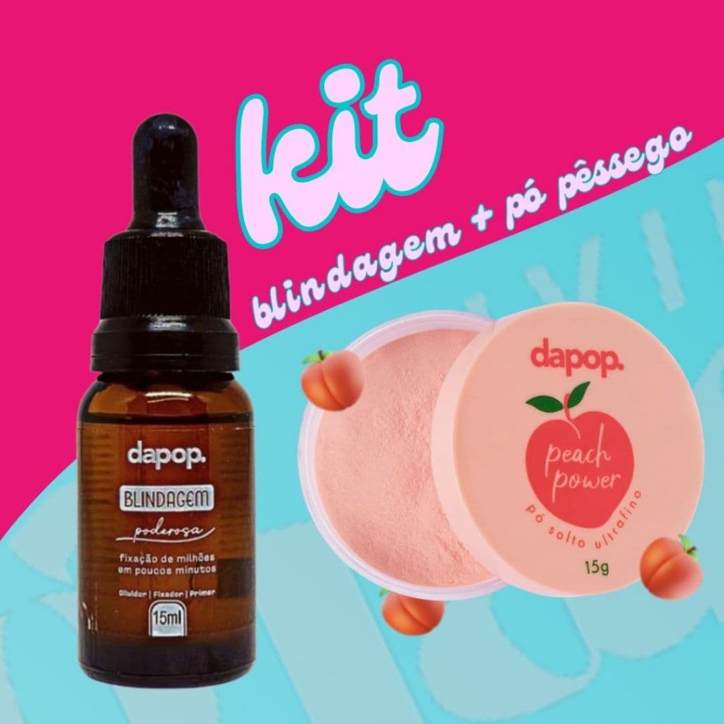 Kit Pó Solto Ultrafino Pessego Peach Power + Blindagem Poderosa 15ml 3 em 1 Pré Maquiagem - Dapop