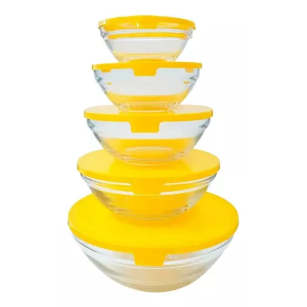 Conjunto com 5 potes de Vidro Redondos com Tampa Plástica Premium
