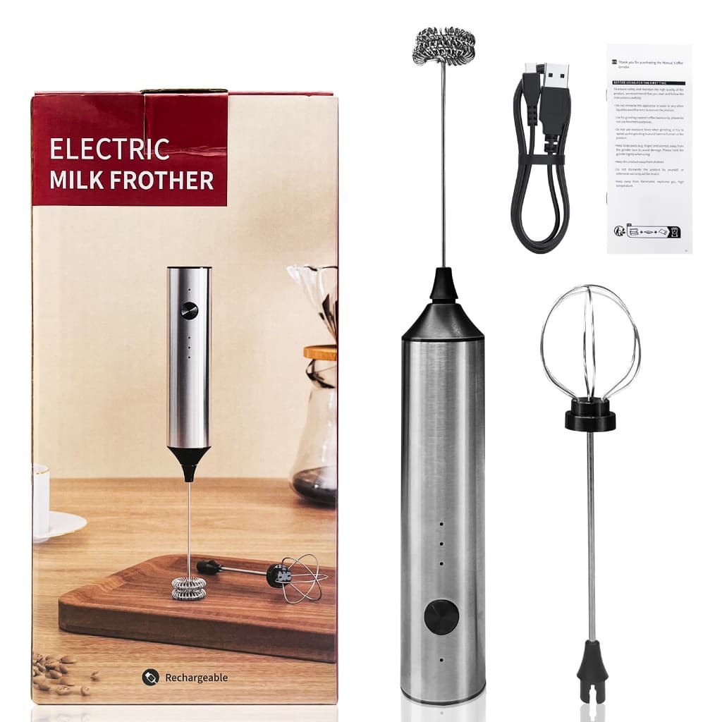 Mixer Elétrico Portátil 2-em-1 para Café/Leite/Ovos, 3 Velocidades, Bateria Recarregável, Inox