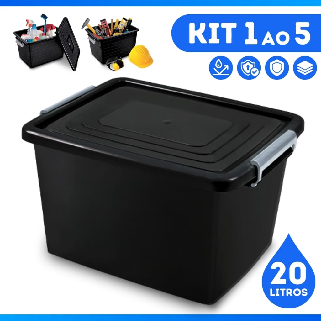 Kit 5, 4, 3, 2, 1 Caixas Organizadora Container Preta Com Tampa e Trava 20L Cesto Multiuso