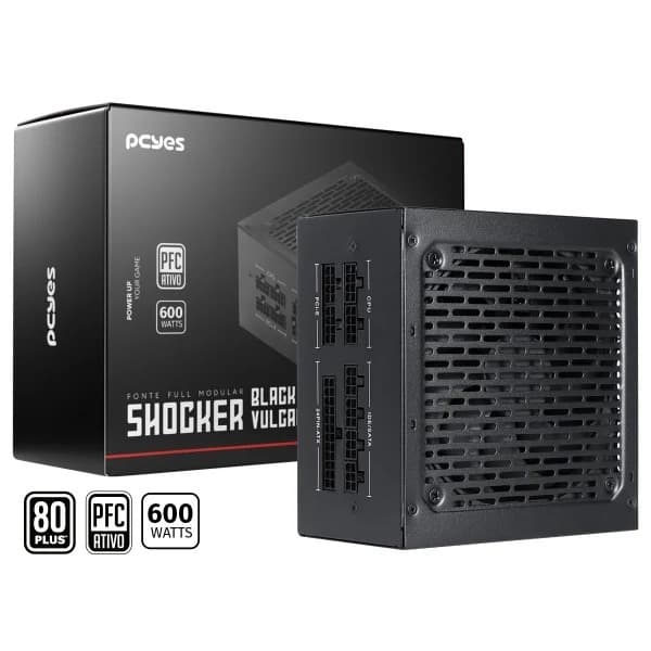 Fonte ATX Gamer Full Modular Preto Pcyes Shocker 600w 80plus White Pfc Ativo Bivolt 110/220v
