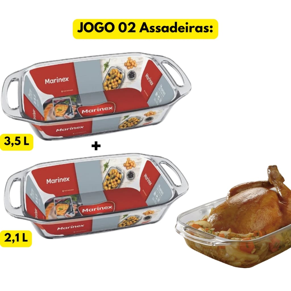 Jogo Kit 02 Assadeiras Marinex Vidro Temperado Seletta 3,5 + 2,1L Travessa Refratário Vasilha Grande