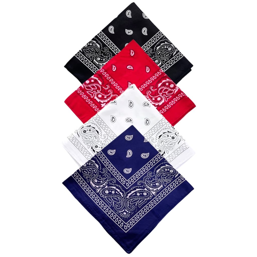 4 Bandanas Estampadas Lenço Em Poliéster Preto Vermelho Branco Azul