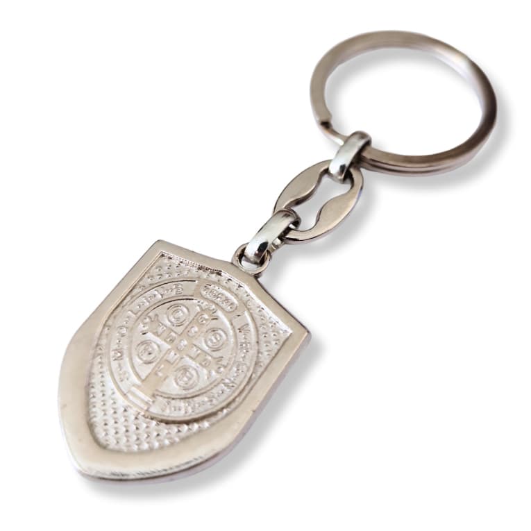 2 Chaveiros São Bento Medalha Escudo Padrão Italiano Metal Prateado