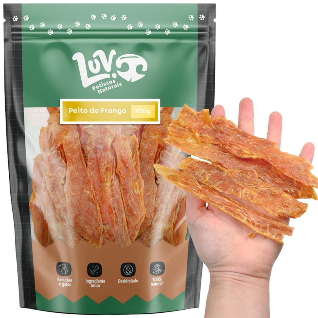 Petisco Natural Cães e Gatos Peito de Frango Desidratado 100g Luv Petiscos 100% Naturais Cachorro