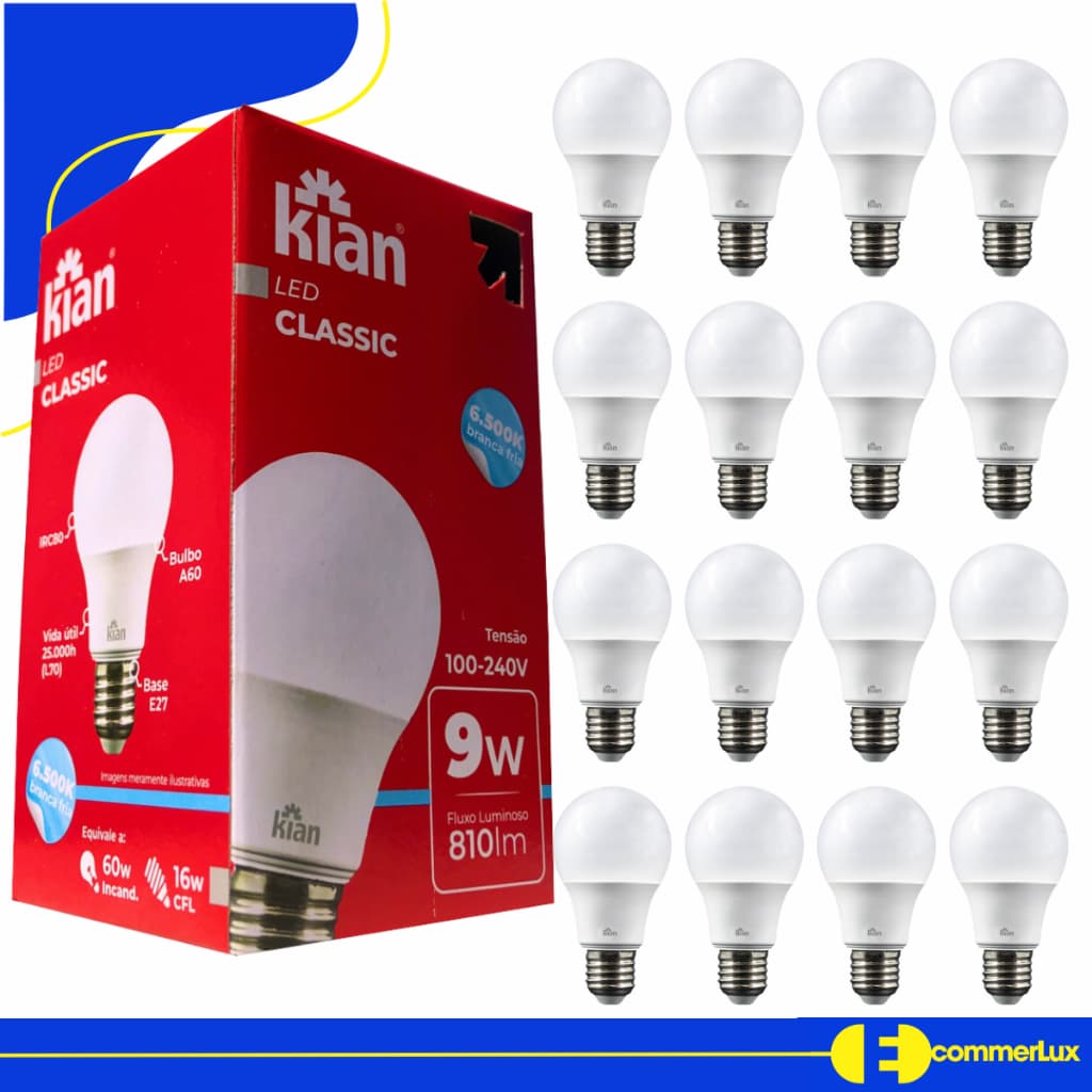 Kit 10 Kit 20 Lampada LED 9w Bivolt Bulbo Pera Kian Economica Luz Branca Fria 6500k