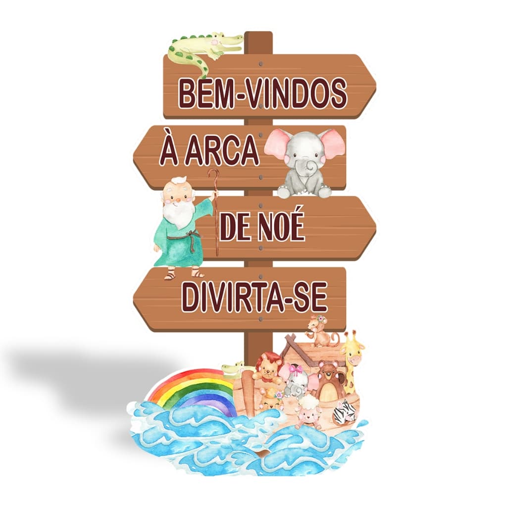 Totem Placa Display MDF Adesivado Pézinho Arca de Noé Setas 65cm