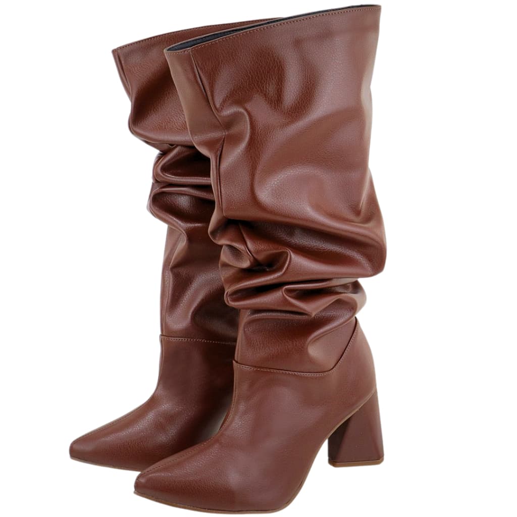 Bota Slouchy Cano Longo Feminina Ágata Salto Alto Bico Fino Cacau