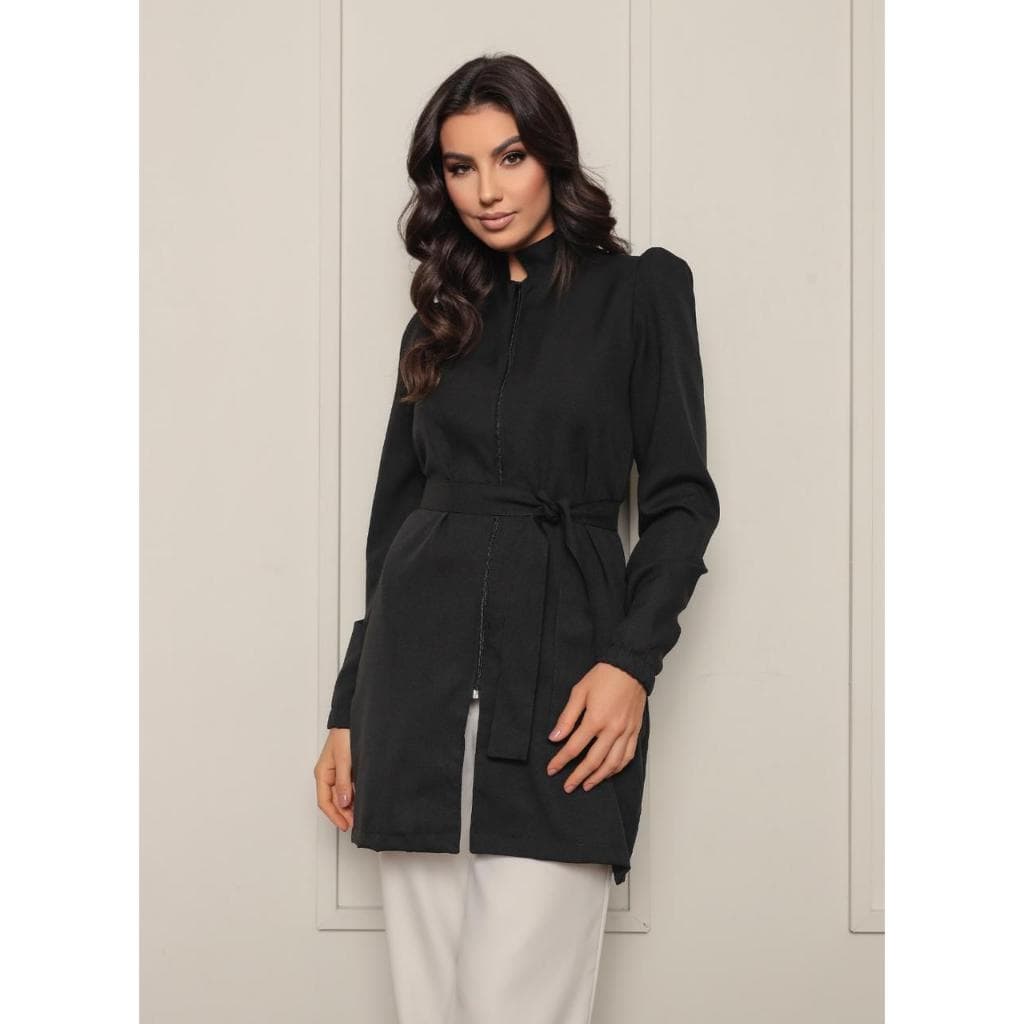 Jaleco Feminino Manga Longa Acinturado Oxford Marcela Preto Gardenia Jalecos