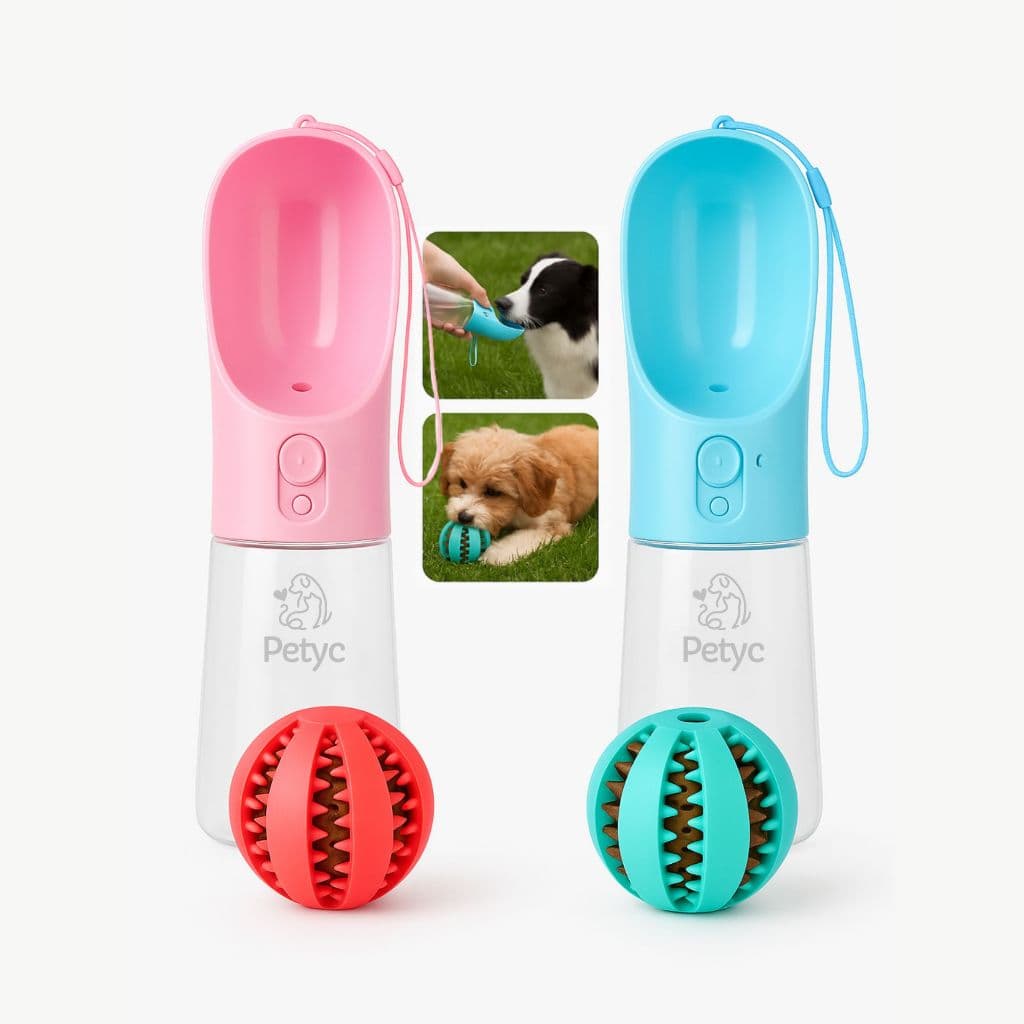 Kit Garrafa Bebedouro Portátil Petyc 400ml + Bolinha Interativa Porta Petisco Interativo Recompensa Treinamento Passeio