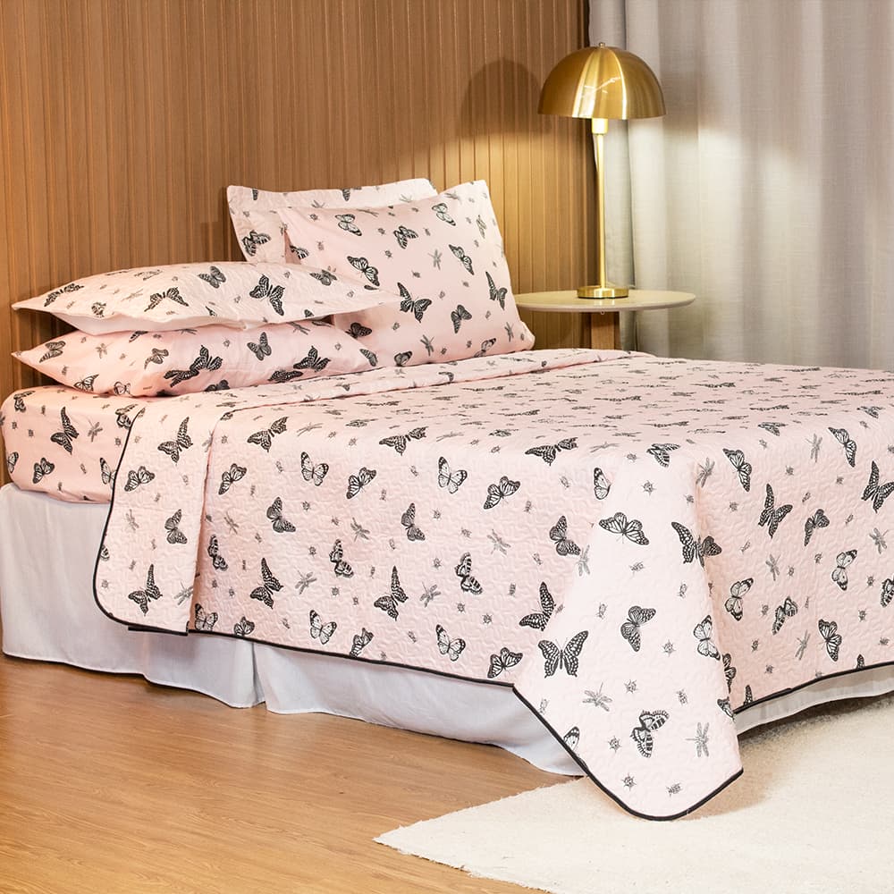 Kit Com 6 Peças / Cobre Leito Mariposa Com Jogo De Lençol Estampado C/ Elástico