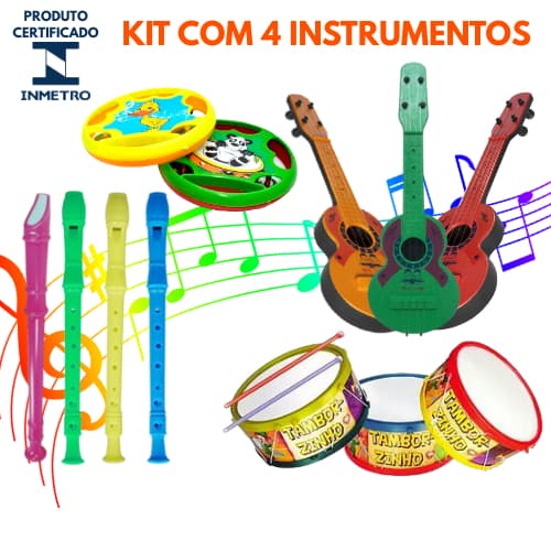 Kit 4 Instrumentos Musical Violão Pandeiro Pandeirola Tambor Flauta Doce Brinquedo Infantil