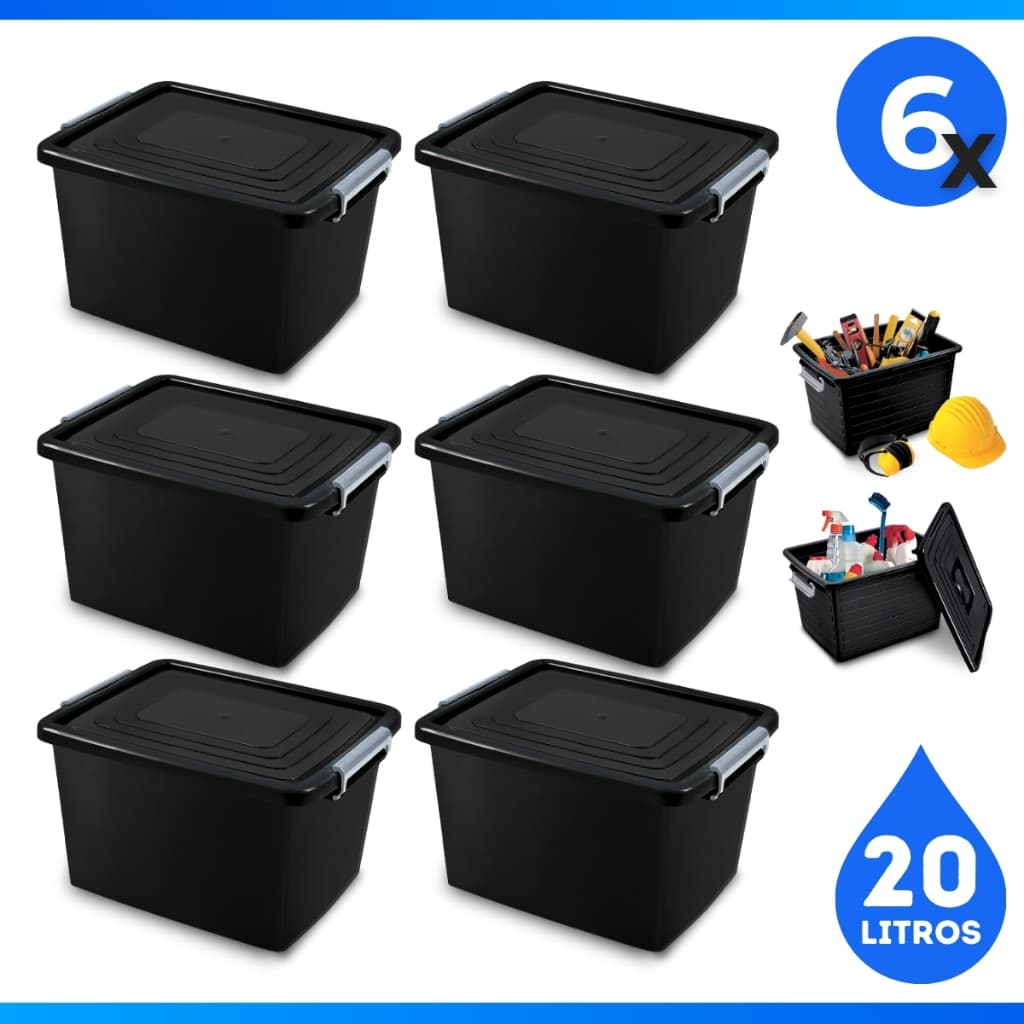 6 Caixas Organizadora Container Preta Com Tampa e Trava 20L Cesto Organizador