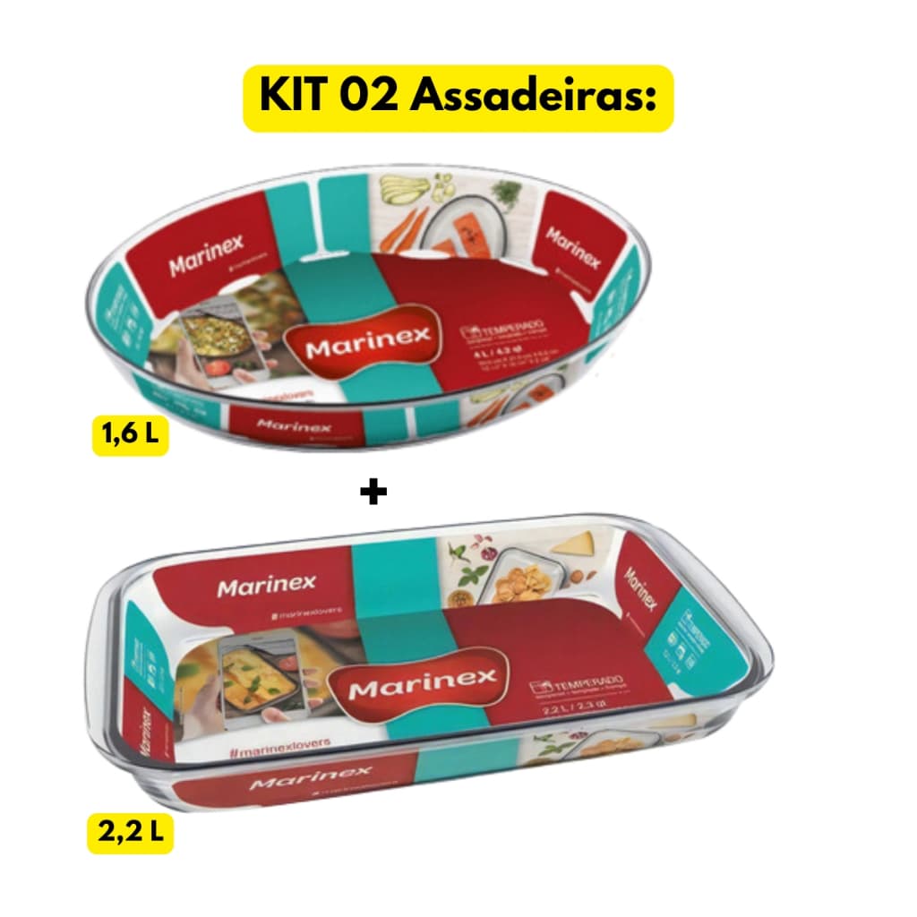 Jogo Kit 02 Assadeiras Lasanheira Vidro Marinex Retangular 2,2L + Oval 1,6L Travessa Refratário