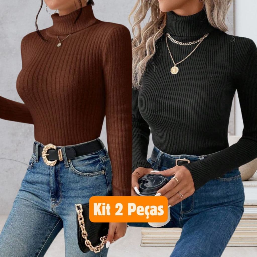 KIt 2 Blusas Feminina Cacharrel Tricot Básica Suéter Trico Gola Alta Manga Longa Inverno Frio Lâ