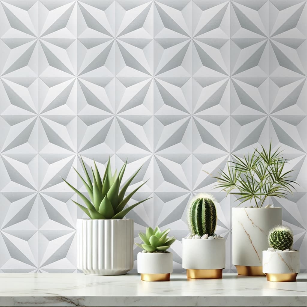 Papel De Parede Adesivo Geométrico Efeito Gesso 3D Branco Sala Quarto Rolo 5M x 0,45cm